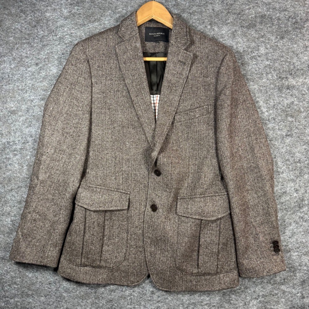 Banana Republic Blazer Jacket Mens 38S Tailored Fit Brown Tweed Herringbone Wool
